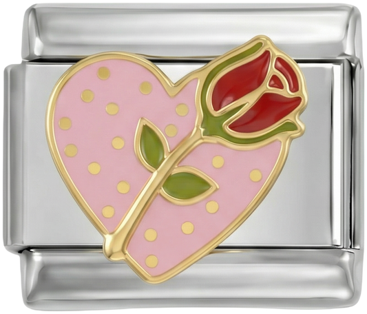 Glittery Pink Heart with Whole Red Rose, on Silver - glittery-pink-heart-with-whole-red-rose-on-silver.png