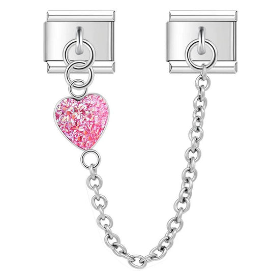Pink Heart, Double Linked Charms, on Silver - Charms Official